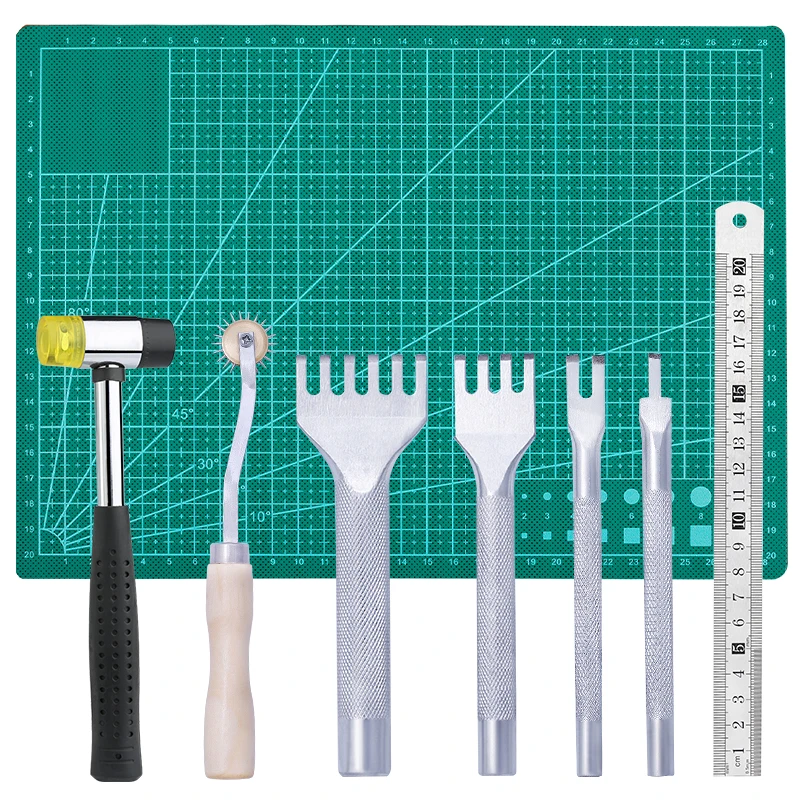 

8Pcs Leather Punching Tool Kits With Double Face Soft Rubber Hammer, Ruler And Mat For DIY Leather Punch Crafts Accessories