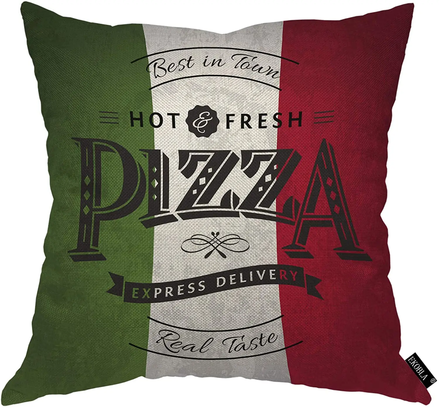 

EKOBLA Pizza Poster Throw Pillow Cover Grunge Italy Flag Best in Town Hot Fresh Ribbon Cozy Square Cushion Case for Men Women