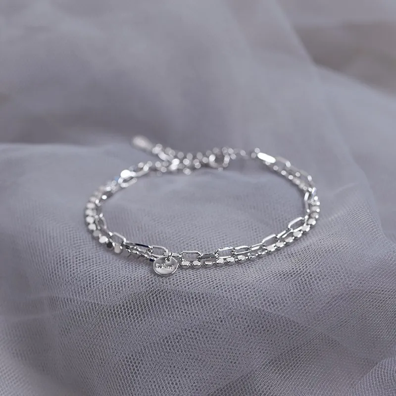 

925 Sterling Silver Double Layer Round Disc Lucky Pendant Bracelet for Women Adjustable Chain Bracelet Jewelry Gifts S-B434