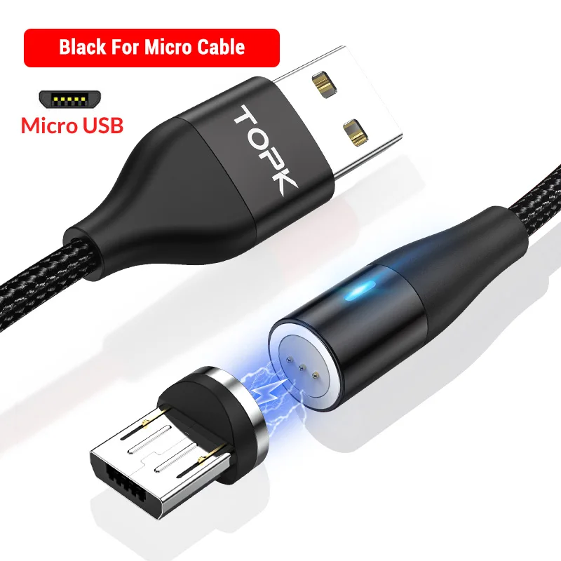 Micro Cable Black TOPK 1 м 2 м Быстрый Магнитный кабель для передачи данных Micro USB кабель type C зарядное устройство для samsung Xiaomi Магнитный кабель для iPhone Android - Цвет: Micro Cable Black