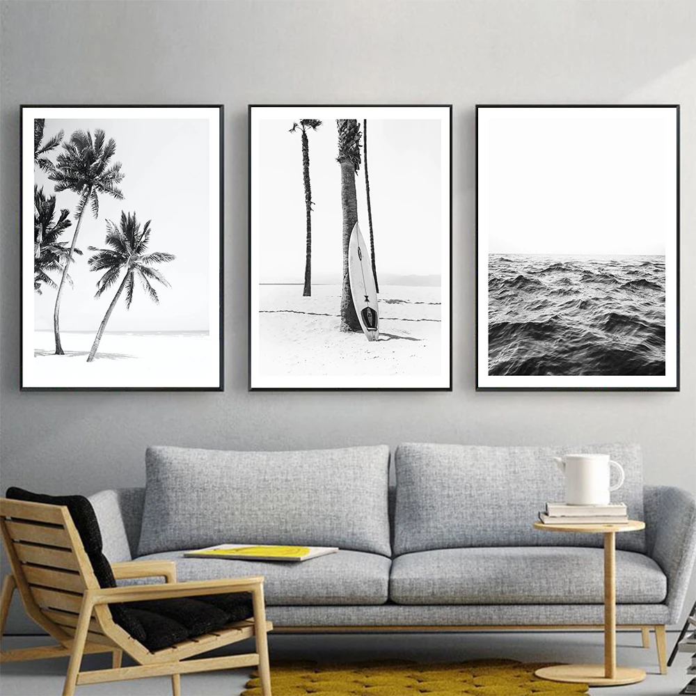 

Nordic Black White Wall Art Canvas Painting Coconut Tree Beach Island For Unique Room Decor Wave Poster And Prints Wall Picture
