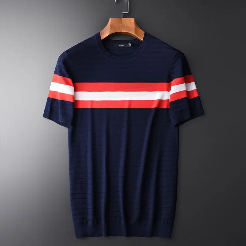 

Exquisite knitted fabric color contrast fashion short sleeve t-shirt men's round neck slim summer new lightweight breathable top