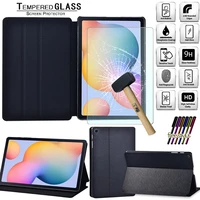 for samsung tab s6 lite 10 4p610 p615 soft leather stand tablet case black flip cover case tempered glass film free stylus