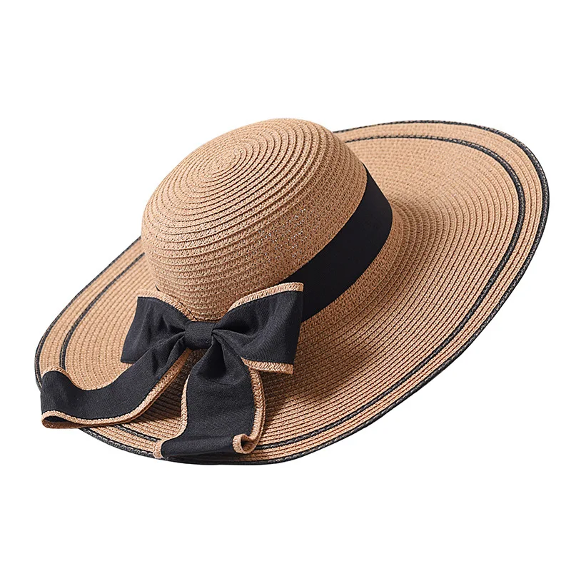 

New Summer Panama Hat Women Solid Packable Large Brimmed Sun Hat Lady Black Big Bow Wide Brim Hat Female Floppy Straw Beach Hat