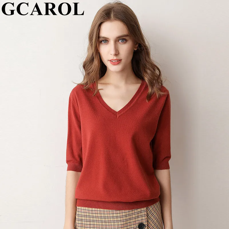 

GCAROL Women V Neck Candy Knit T-shirt Close-fitting Stretch Breathable Basic Tees OL Minimalist Tops Plus Size 3XL 9 Colo
