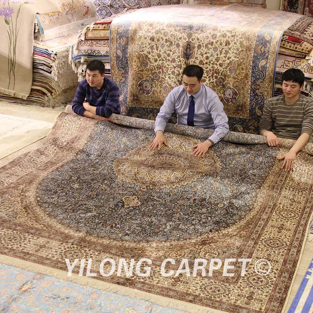 YILONG 9 'x 12' Классический шелковый коврик в персидском стиле синий Медальон