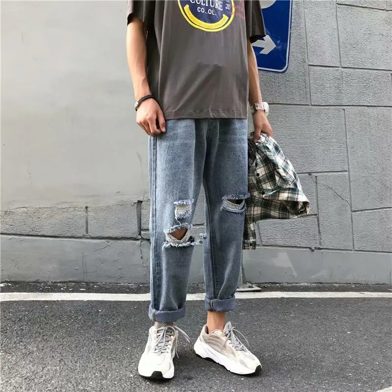 

Ripped Jeans Men's Fashion Washed Solid Color Casual Jean Pants Men Streetwear Wild Loose Hip Hop Denim Trousers Mens S-3XL