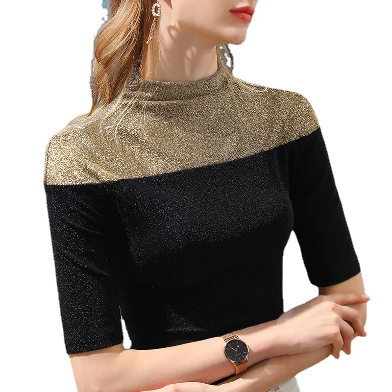 

T-shirt Women's 2021 Early Spring New Women's Half-high Collar Contrast Color Bronzing Half-sleeved T-shirt Stitching Top