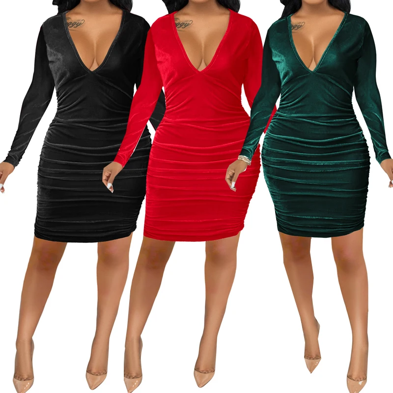 

2022 Spring Autumn Bodycon Mini Dress Women Long Sleeve Deep V-neck Velvet Casual Party Evening Club Wear Short Dress S-XXL