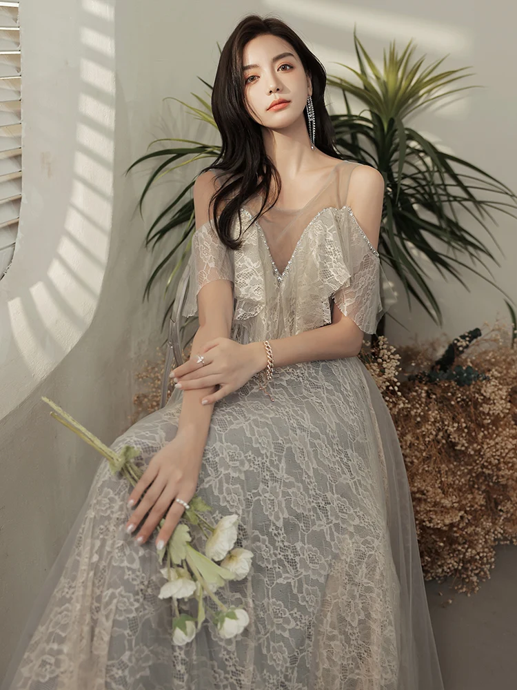 

Gray Bridesmaid Dress High-Grade Sisters Group Fairy Evening Dress Women's Light Luxury Minority Spring Ordinary Dress