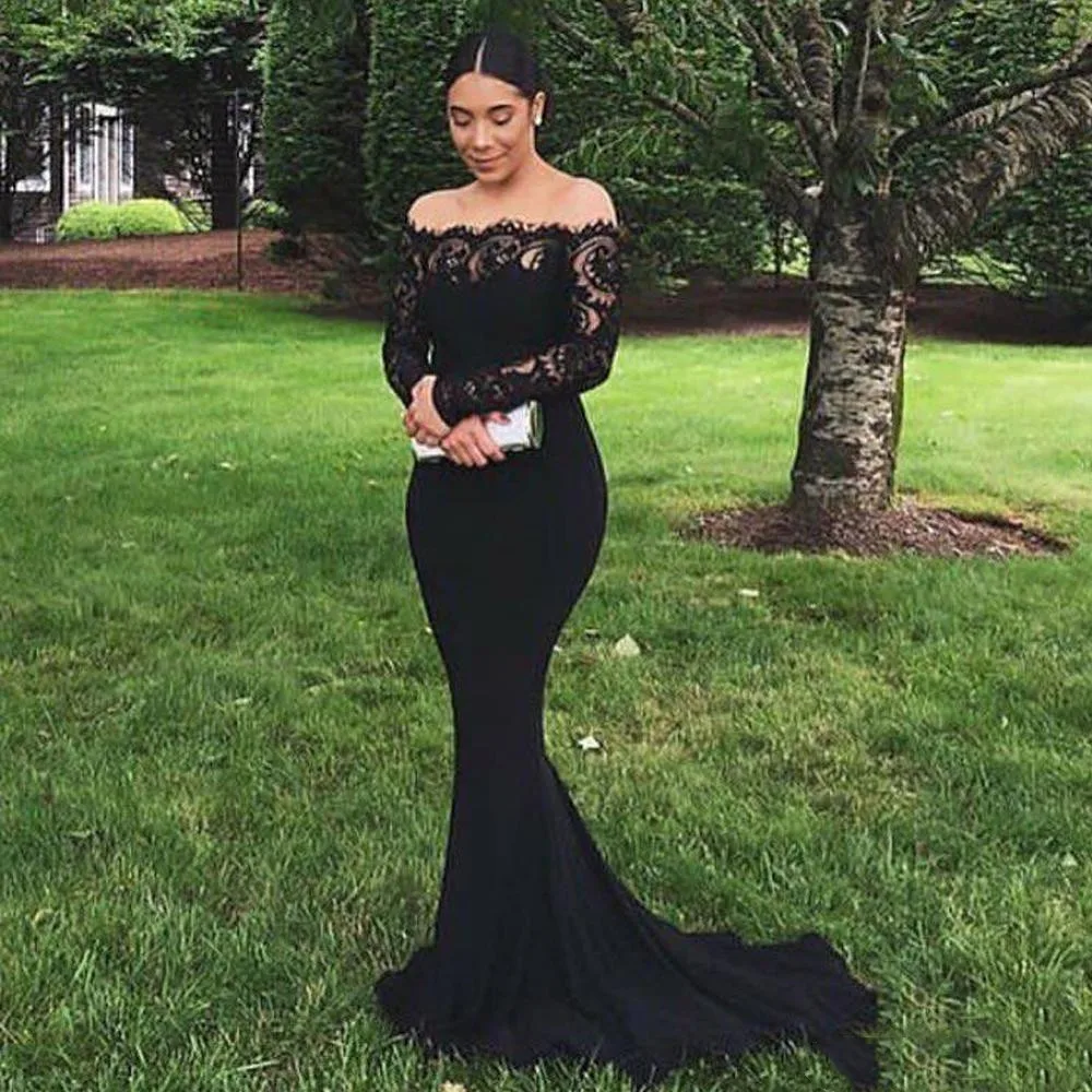 

Elegant Mermaid Evening Dresses Long Sleeve Lace Sweep Train Formal Elastic Trumpet Long Prom Gowns robe de soirÃ©e de mariage