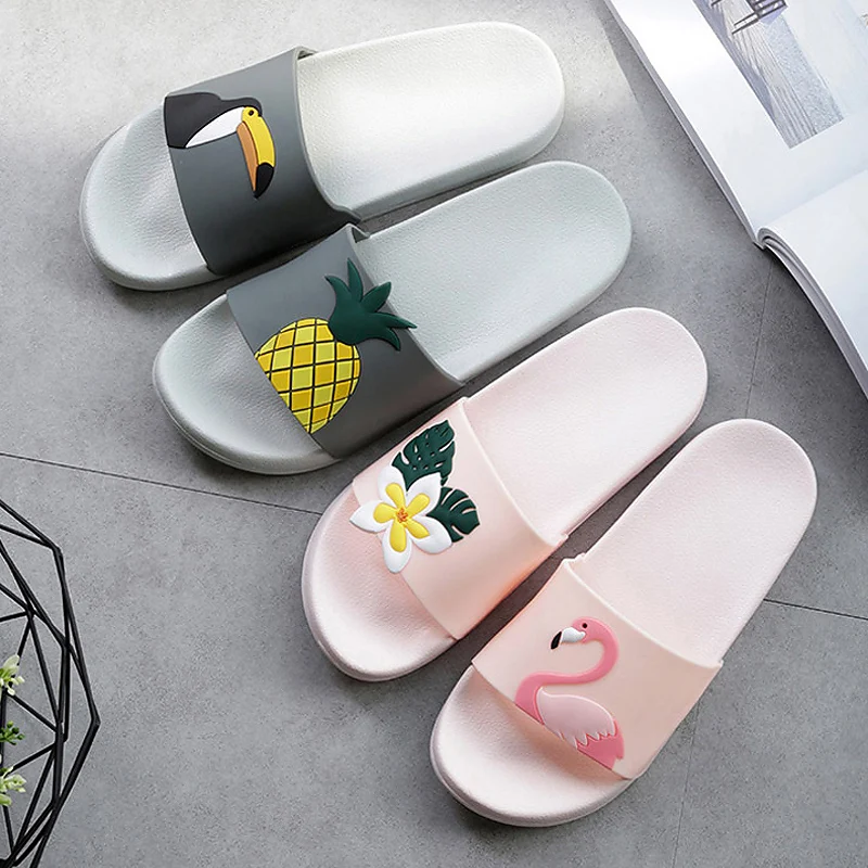 Summer Women Slippers Beach Slide Sandals Cute Flamingo Leaves Non-Slip Soft Sole Men Couple Home Ladies Outdoor Shoes Zapatilla