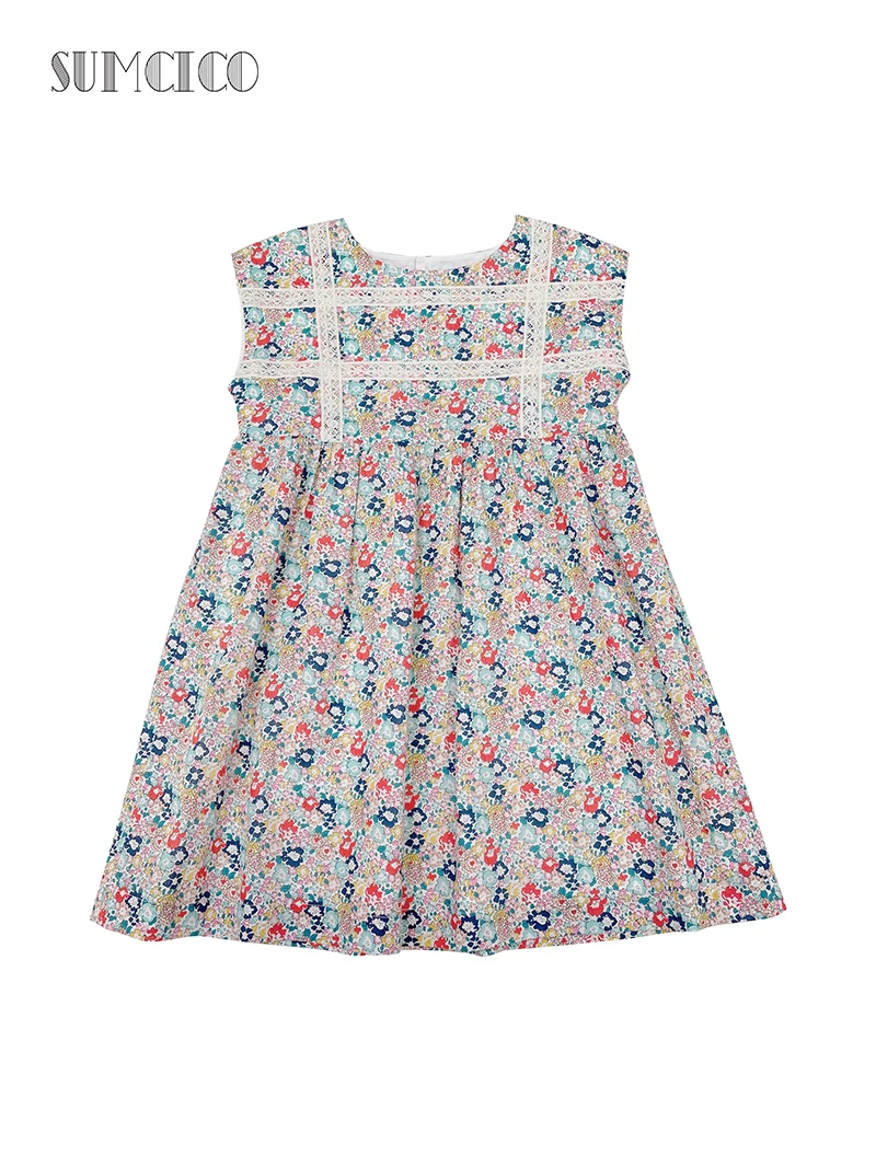 

Sumcico Girl's Dress Spring Toddler's Dress Long Sleeves with Ruffles Hem Beige Floral Print LaceAge2-14Y