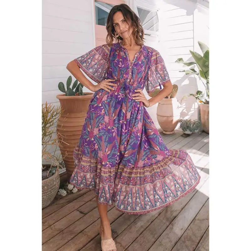 Богемный Вдохновленный длинное платье Бохо фиолетовое Цветочное с