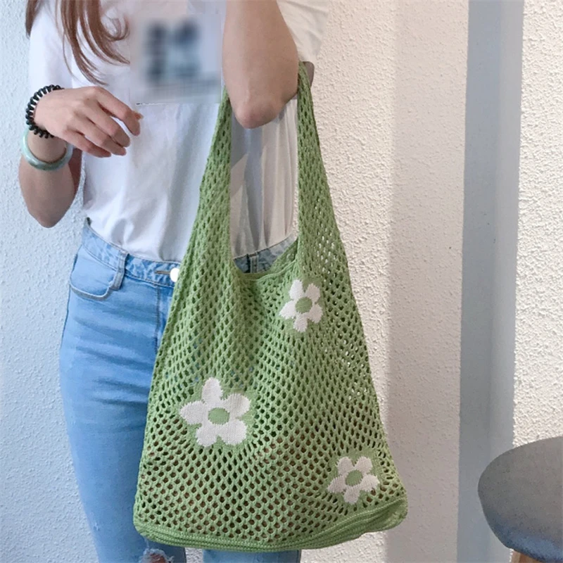 

INS Korean Shoulder Bag Flower Designer Simple Knitting Hollow Out Shoulder Beach Bag Casual Laziness-Style Handbag For Women