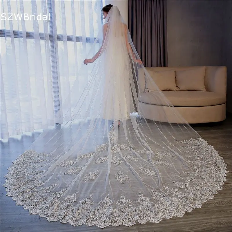 

New Arrival Lace Applique White Ivory Cathedral Wedding Veils Long Bride mariage Sexy Wedding accessories Tocado novia Braut