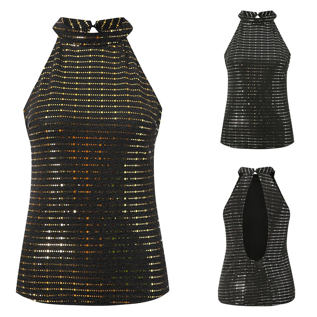 

Tops Hot Sale Summer Open Back V-neck Sexy Basic Tanks Women's Unique Metal Sequin Halter Top 2021 Women Chic Vest Corset