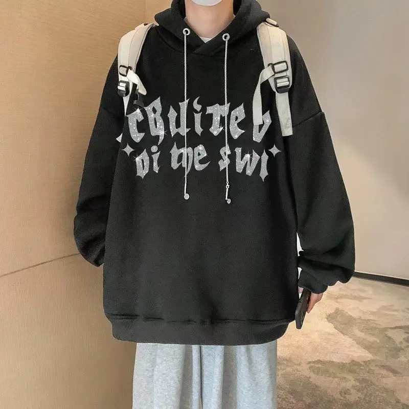 

Street Hooded Plus Fleece Sweater Young Men's Diamond Niche Design Loose Top Trend Hip Hop Sweatshirts Harajuku Pullover Top