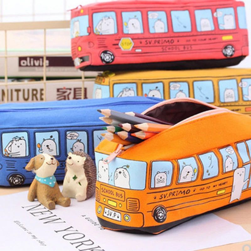 

Bus Cute Pencil Case Canvas Stationery Box Large Capacity Pen Bag School Pencil Cases For Children Pen Case Kawaii Student Gifts