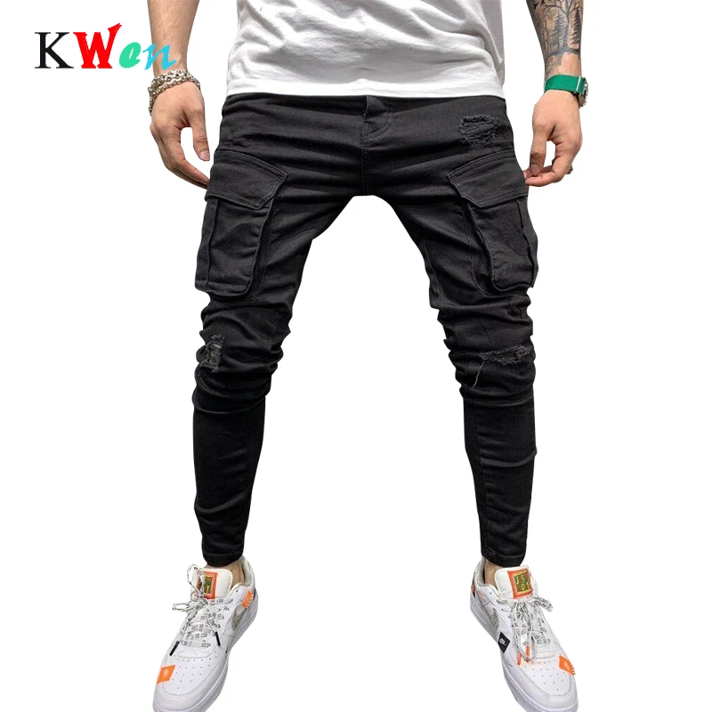 

newblack biker load jeans fit ripped men's pants hole motorcycle streetwear denim pencil pants skinny jeans 2020