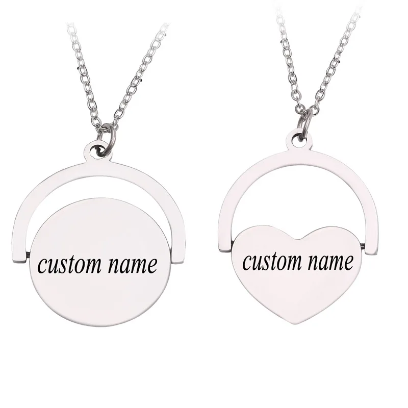 

Custom stainless steel necklace can engrave name lovers anniversary and other round love piece rotating pendant