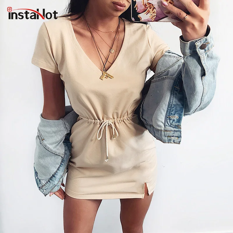 

Женское мини-платье InstaHot, Элегантное повседневное мягкое платье с v-образным вырезом, коротким рукавом, поясом и разрезом, лето 2020