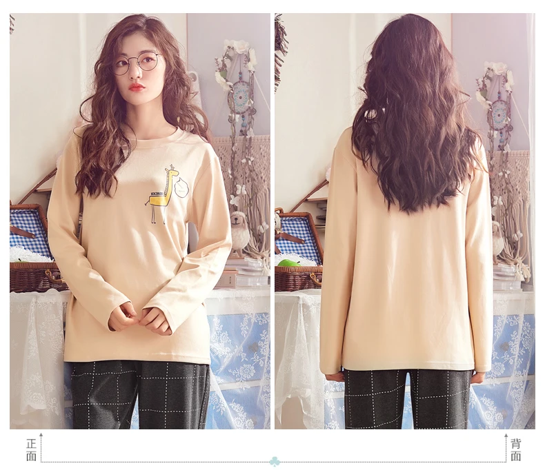 Loungewear, Женская Однотонная рубашка кремового цвета, жирафовый принт, дизайнерские клетчатые штаны, осенние женские пижамы, комплект Весенняя Пижама, костюм