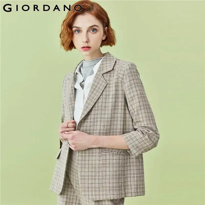 Женская клетчатая куртка Giordano повседневная с воротником и длинными рукавами на