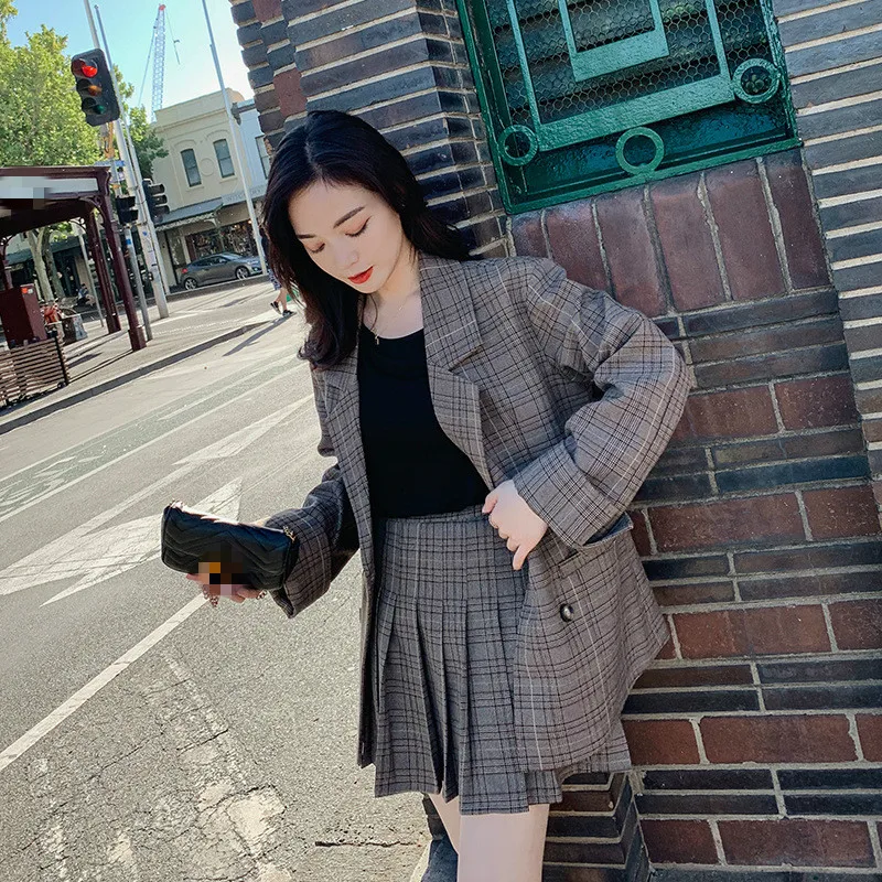 Женский блейзер с карманами nesloe повседневный клетчатый и плиссированной юбкой