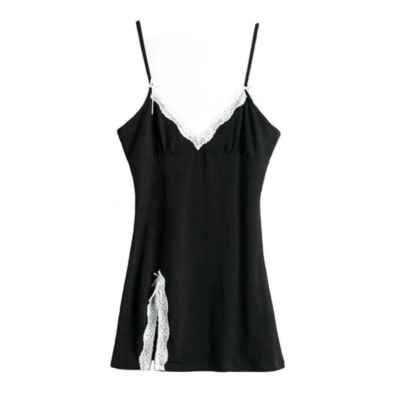 

MoneRffi Patchwork Lace Edge Y2K Aesthetic Cute Women Dress Summer Sexy Party V-Neck Lace Strap Mini Dress Female 90s Streetwear