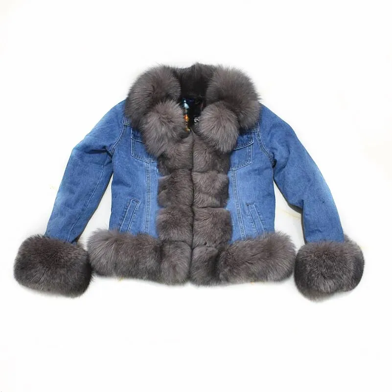 Cotton lining Женская новая джинсовая куртка с натуральным лисьим мехом и подкладкой из кроличьего меха, зимняя теплая Модная Толстая куртка с натуральным мехом, европейская уличная обувь s - Цвет: Cotton lining