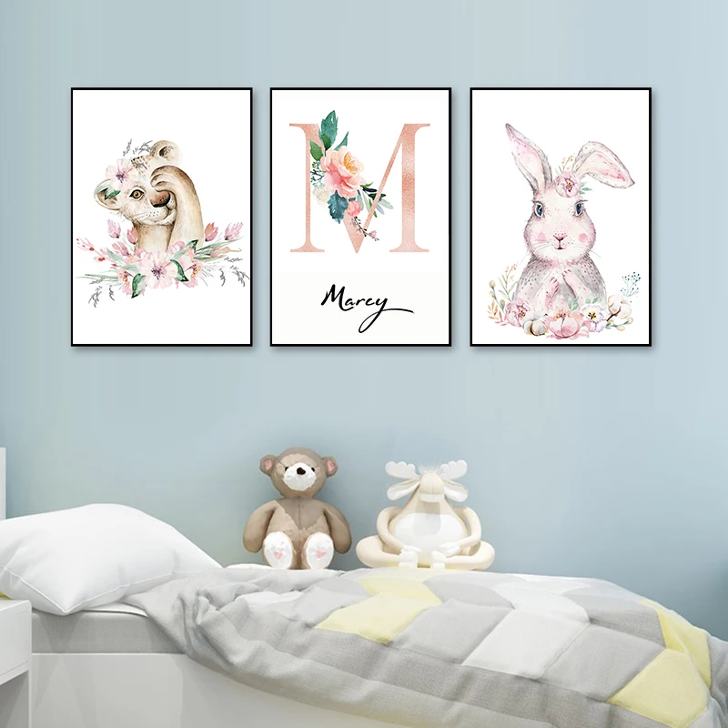

Custom Baby Name Animals Poster Personalized Canvas Painting Print Pink Flower Child Wall Art for Girls Bedroom Pictures Decor