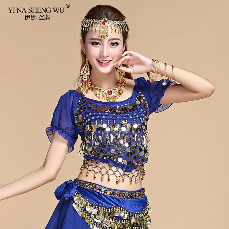 

Women's Belly Dance Costume Shirt Chiffon Lantern Short Sleeves Gold Coins Top&Tees Indian Clothing Belly Dancing Practice Top