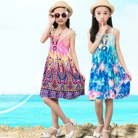 2021 summer girls floral cotton silk dress sling ruffles bohemian beach princess dresses for girl clothing with necklace gift