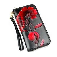 fashion flower women wallets genuine leather wallet female long zipper wallet ladies purse red yellow purple clutch walet vallet