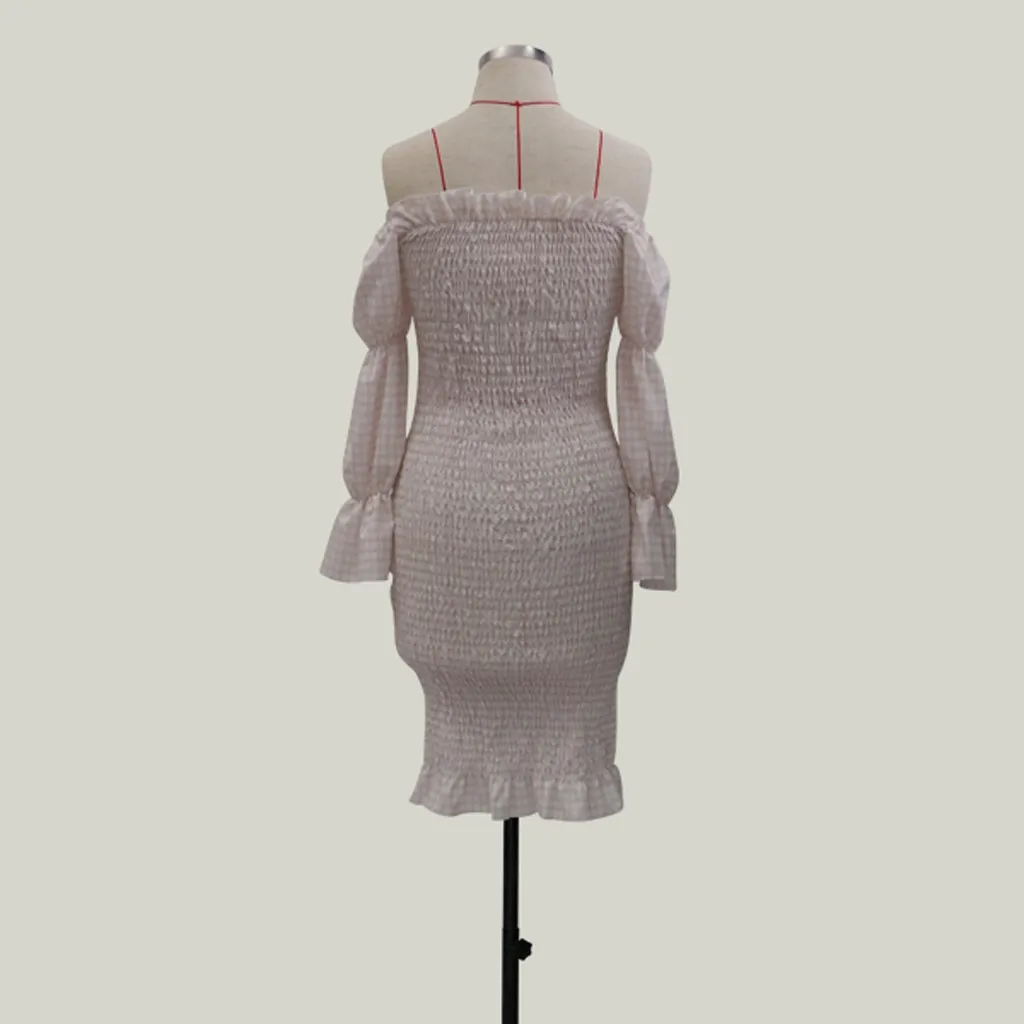 2020 New dress Autumn Long Sleeve Slash Neck Dresses Women Ruffles Bodycon Midi Lady Slim Pleated Casual Clothing #3 | Женская одежда