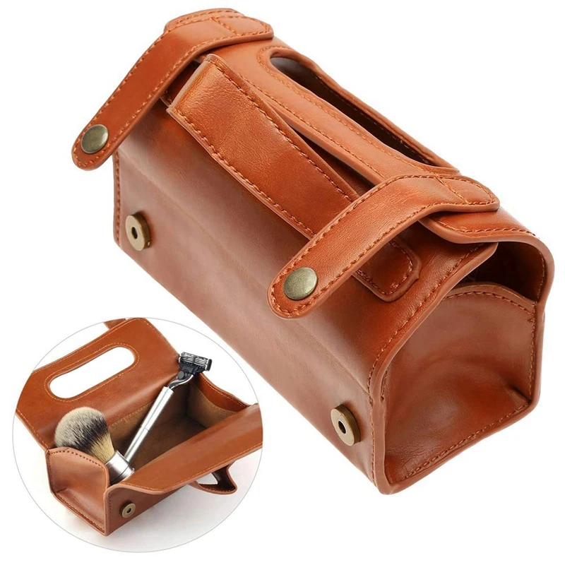 Brown PU Leather Men's Cosmetic Pouch Fashion Waterproof Shaving Brush Razor Travel Toiletry Bag | Дом и сад
