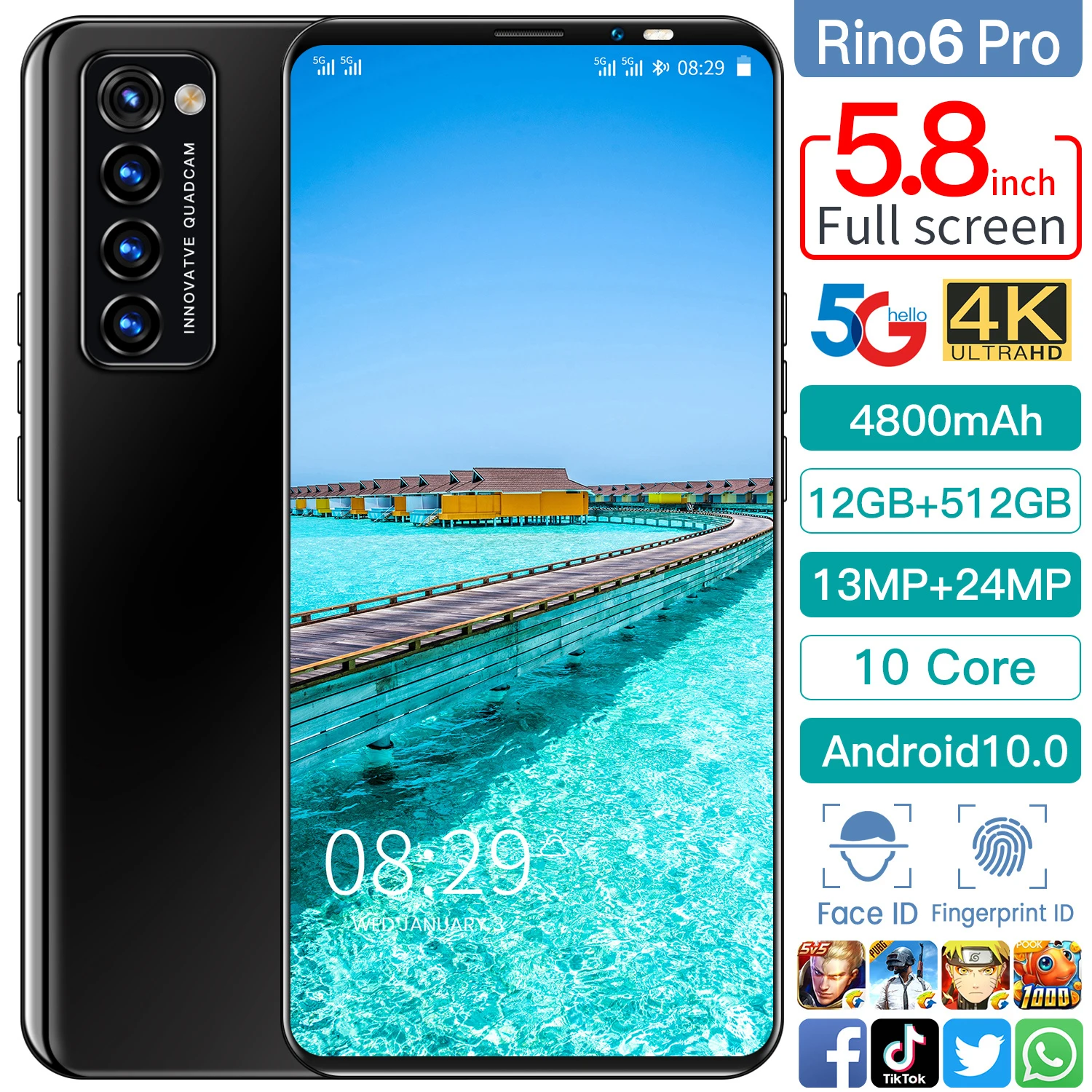 

Rino6 Pro 5.8 Inch Global Version Smartphone 12GB 512GB 13MP 24MP Android 10 4800MAH Snapdragon 888 Face Unlocked Mobile Phone