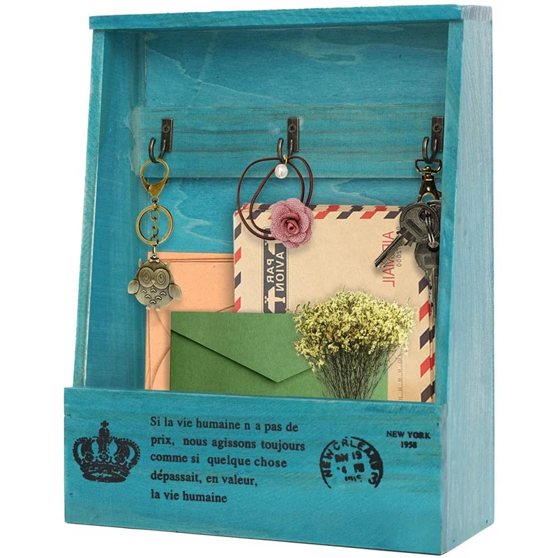 

2021 Wooden Key Mail Holder Wall Mounted Mail, Equipped with 3 Key Hooks and A Storage Box, Sorter Organizer Box