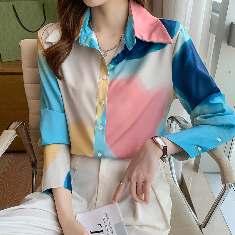 

Chiffon Women's Blouse Polo Girl's Shirt Spring Autumn Clothing Casual Fashion Long Sleeve Top Print Lady Blusas Houthion
