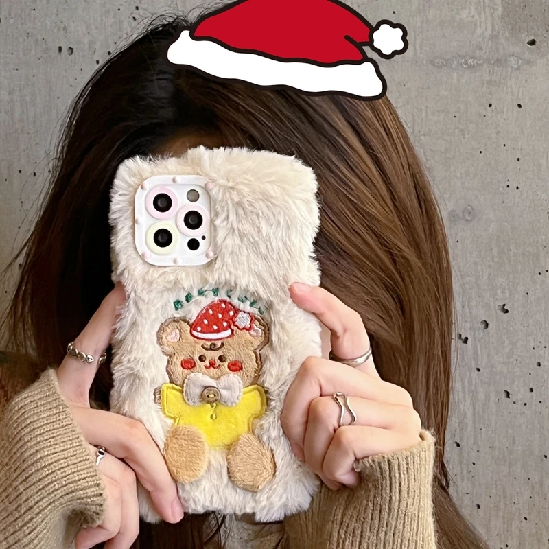 

Cute Cartoon Bear Warm Lamb Plush Fabric Phone Case For iPhone 13 12 11 Pro Max X Xs Max Xr 7 8 Plus Case Fuzzy Soft Back Cover