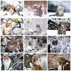 Алмазная 5d картина HUACAN с кошкой, зимний домашний декор, алмазная вышивка, мозаика с животными, снег, вышивка крестиком, настенные наклейки