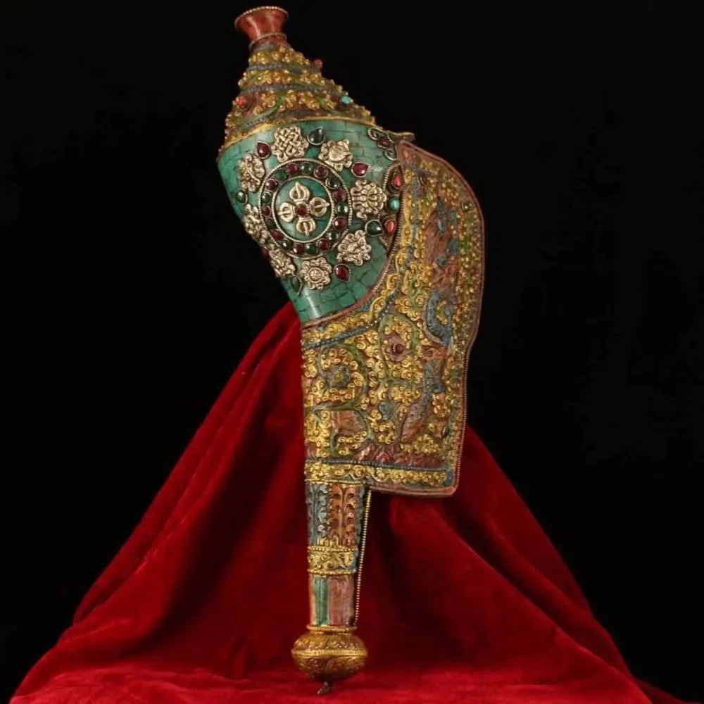 

wedding decoration Chinese Tibetan Buddhist natural conch old copper inlaid gemstone Instrument
