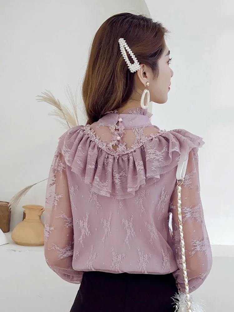 Женская шифоновая блузка с оборками кружевная длинным рукавом и сетчатым