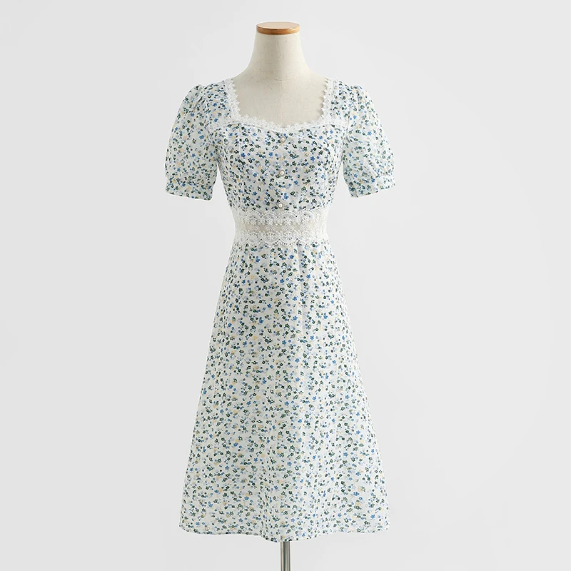 

Fitaylor New Summer Women Sweet Floral Print Lace Hollow Out Dresses Elegant Puff Sleeve Square Collar Cotton Linen Long Dresses