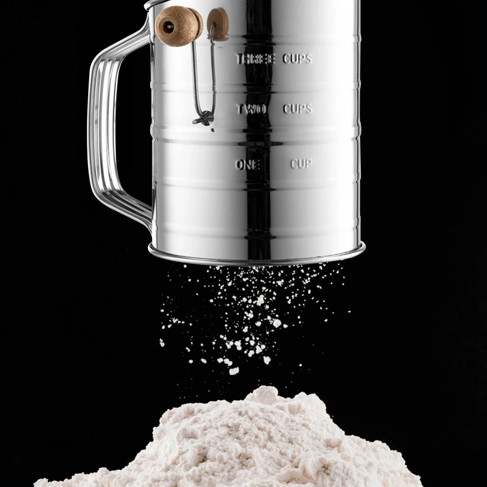 

Semi Auto Hand Held Flour Sieve Cup Single Layer Mesh Powder Strainer Flour Cup Powder Shaker Strainer Mesh with Scale for Cakes