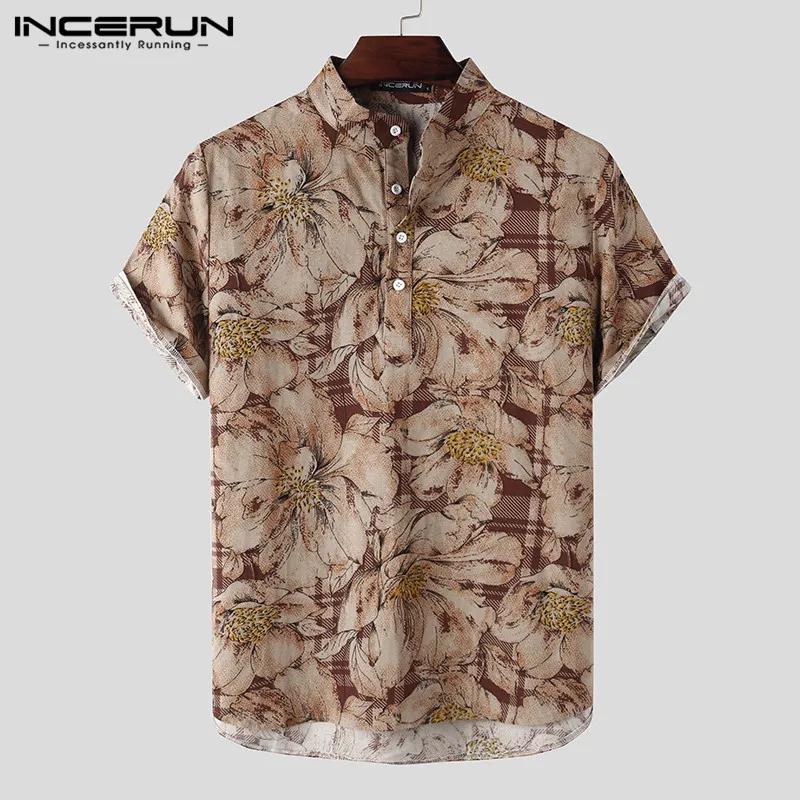

Рубашка INCERUN мужская с принтом, короткий рукав, воротник-стойка, уличная одежда, дышащая повседневная Гавайская блузка, 3XL, лето 2021