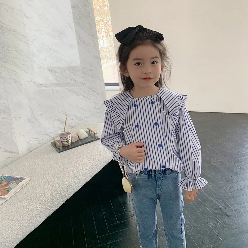 

2022 Korean Style Girls Shirt Full Sleeve Turn Down Collar Vertical Stripe Blouse Kids Spring Autumn Tops Sweet Shirts 2-7 Years