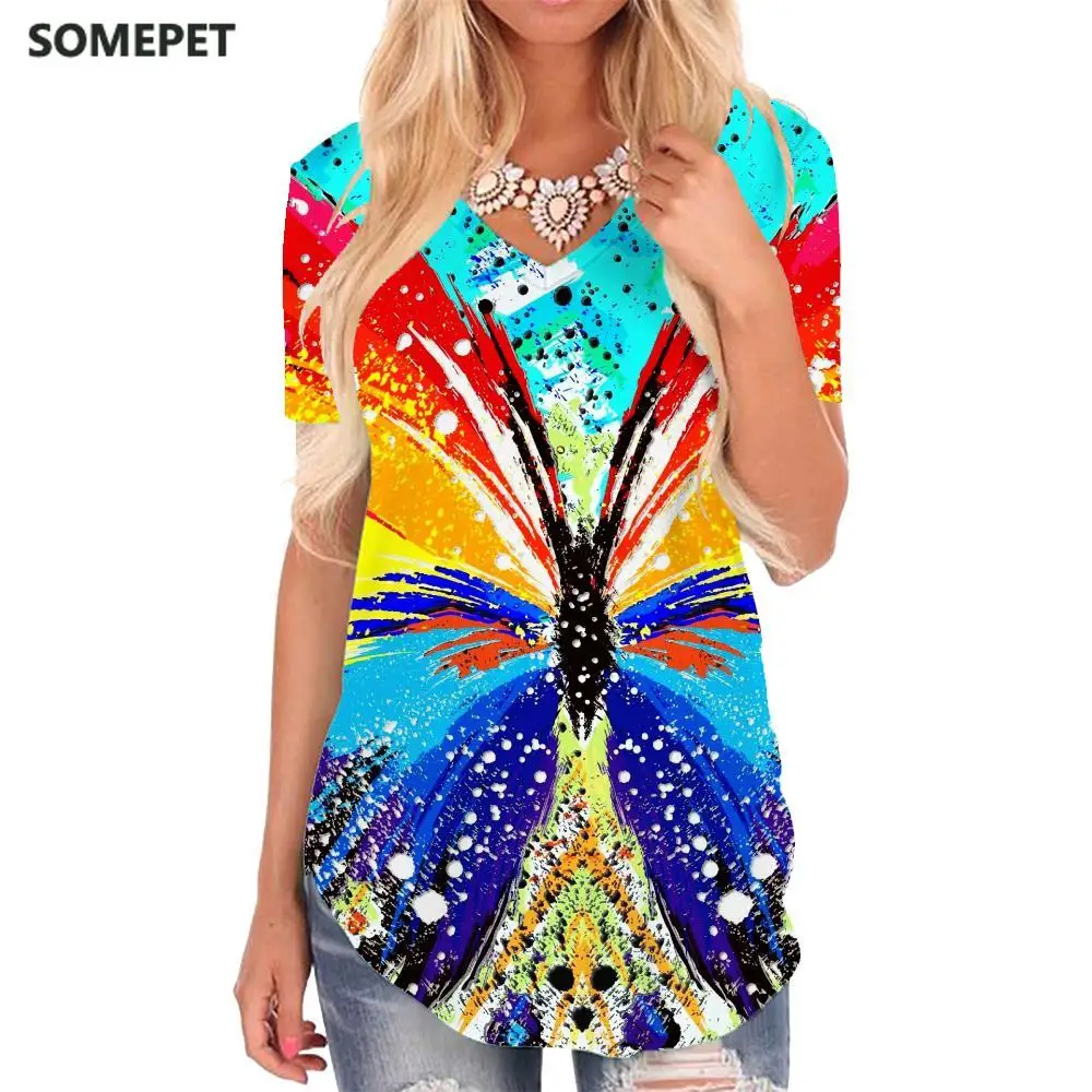 

Женская футболка с V-образным вырезом, с бабочкой