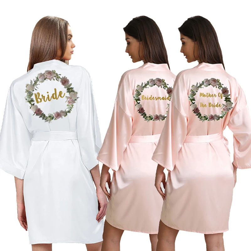 

satin silk robes for women Wedding Bride Dressing Gown Floral Hoop Robe Bridesmaid pink5 color with glitter gold letter robe